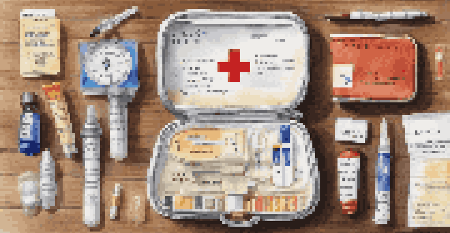 An open travel health kit displaying allergy medications and translation cards on a wooden surface, with a travel map in the background.