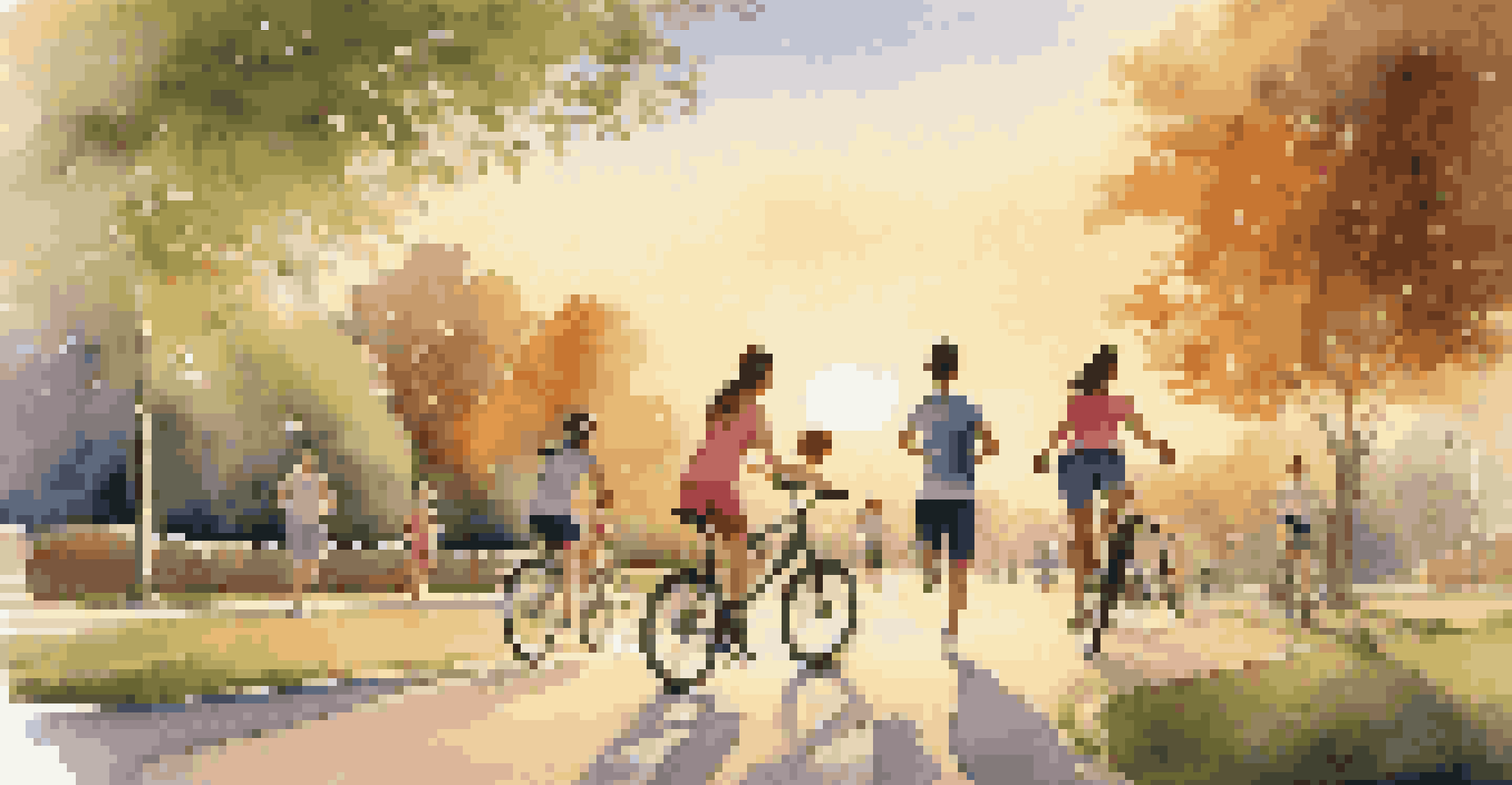 A family exercising together outdoors in a park during sunset, promoting a healthy lifestyle.