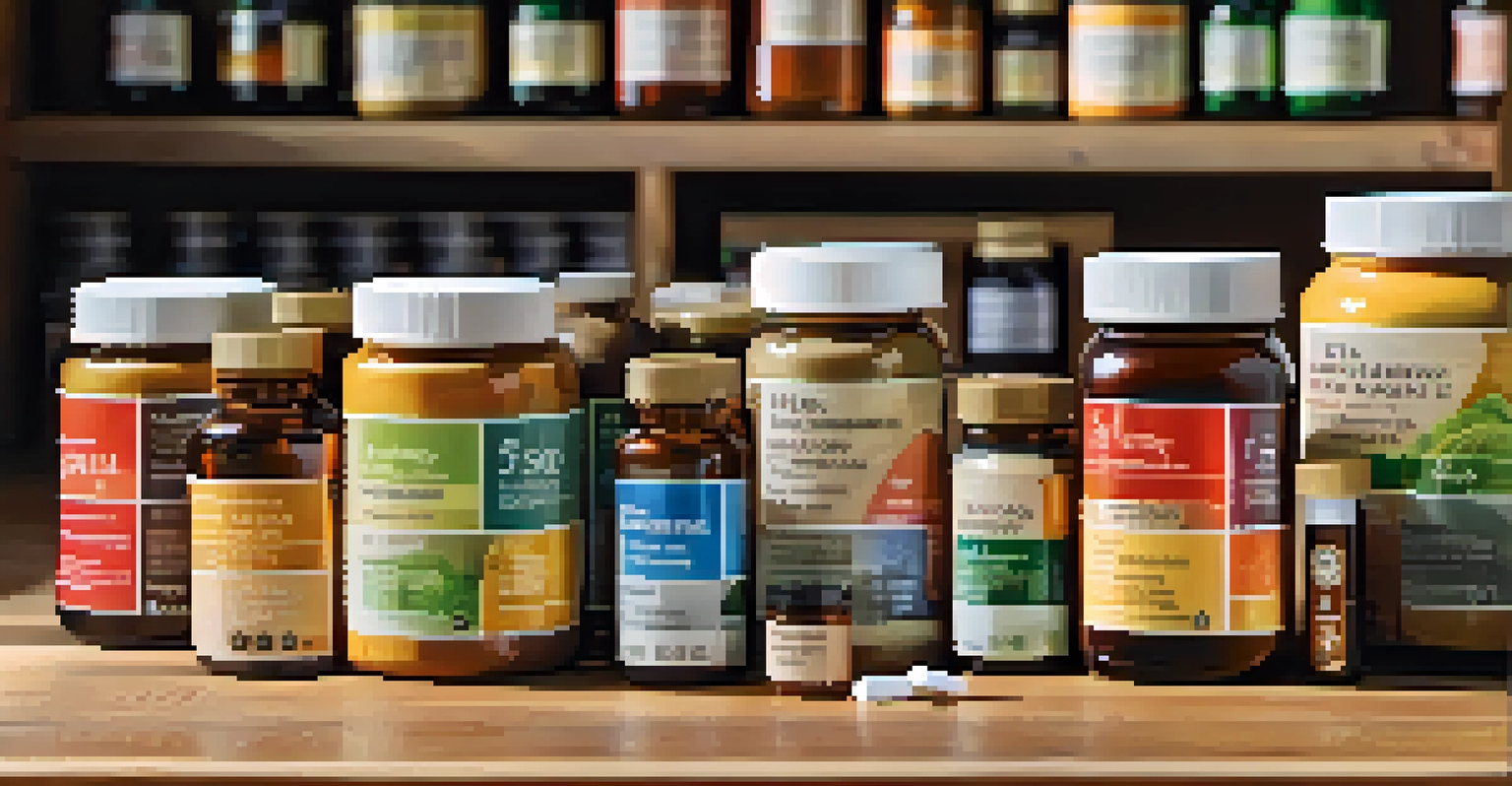 A well-organized display of different supplement bottles on a wooden table, illuminated by natural sunlight.