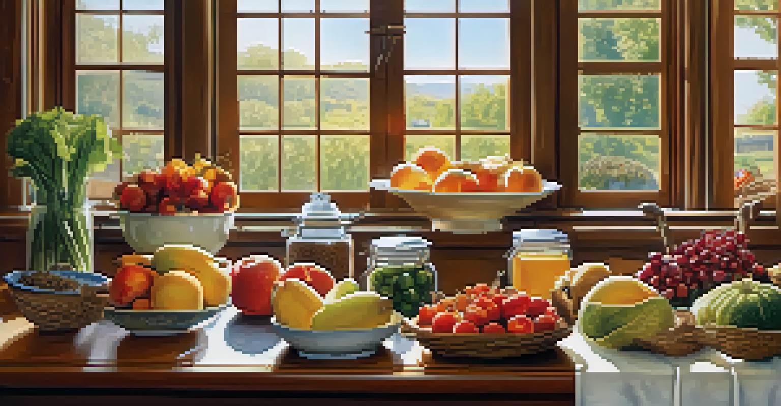 A kitchen table filled with colorful fiber-rich foods like fruits and vegetables, bathed in soft natural light for a warm ambiance.