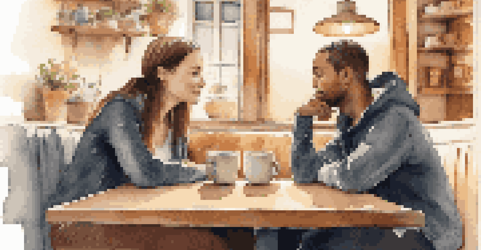Two friends sitting in a warm coffee shop, engaged in a heartfelt conversation, with coffee cups on the table.