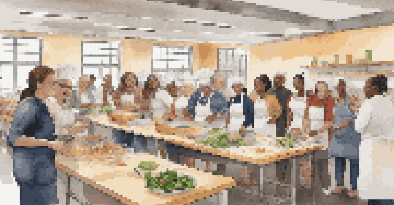 A local chef teaching a healthy cooking class to a diverse group of participants in a well-lit community kitchen.
