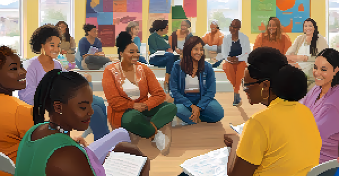 A diverse group of women participating in a health workshop, smiling and sharing ideas in a bright community center.