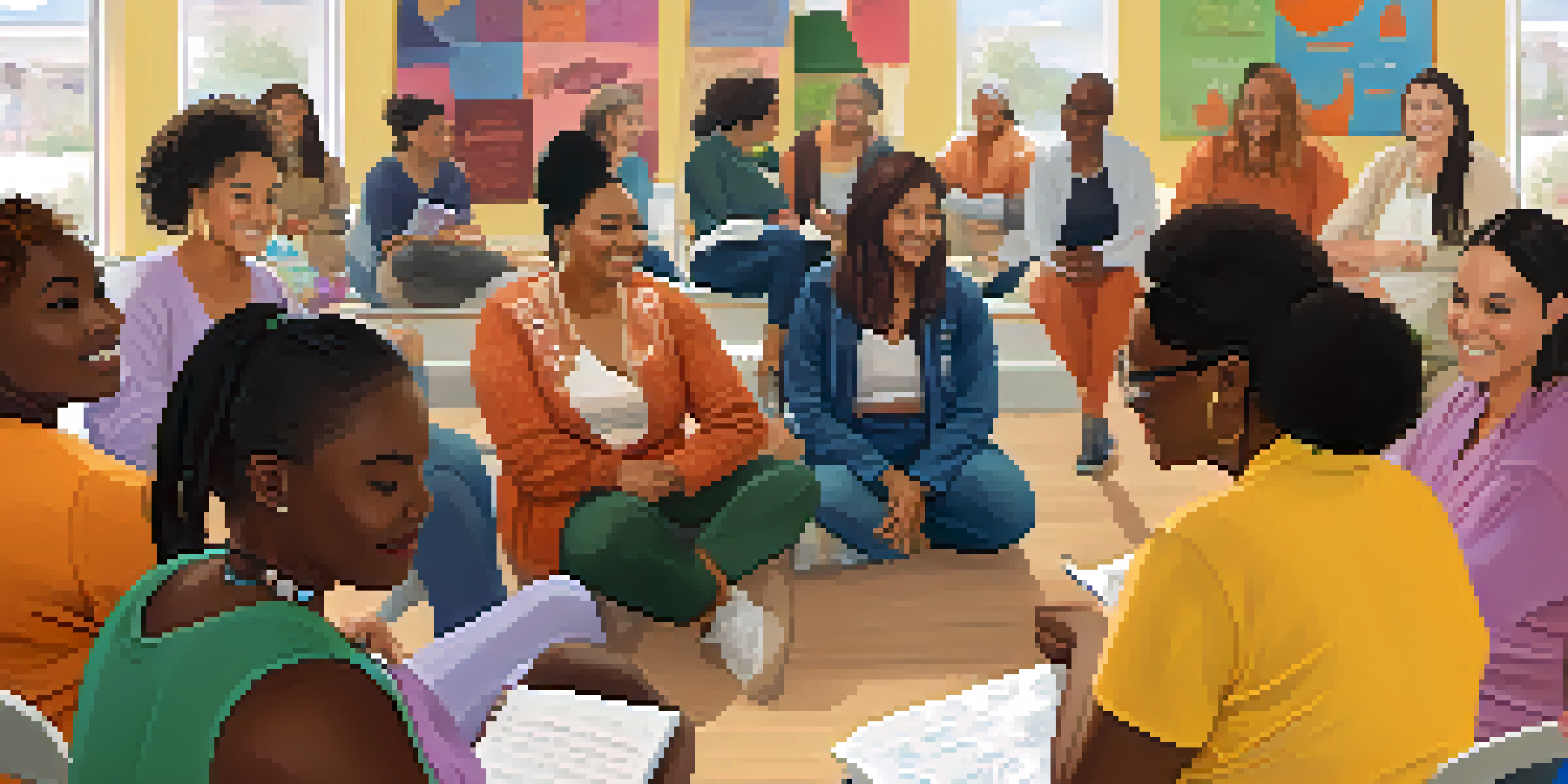 A diverse group of women participating in a health workshop, smiling and sharing ideas in a bright community center.