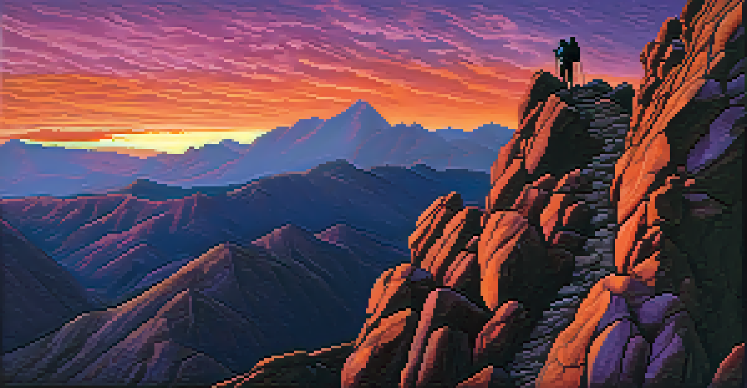 A silhouette of a person climbing a rocky mountain trail against a vibrant sunset, representing the theme of resilience and overcoming challenges.