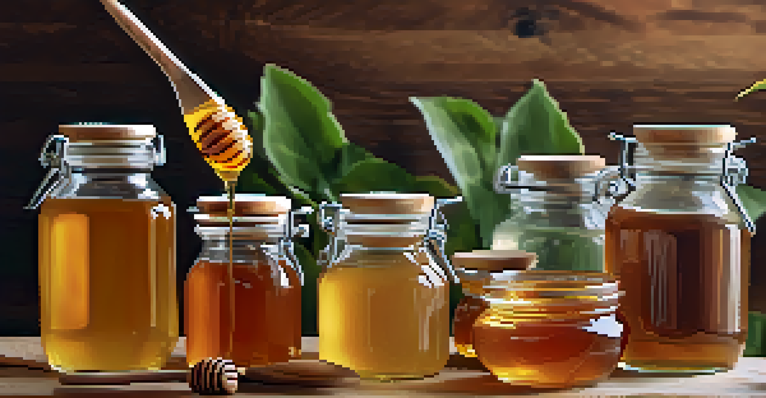 Glass jars of natural sweeteners like honey and maple syrup arranged on a wooden surface with blurred greenery in the background.