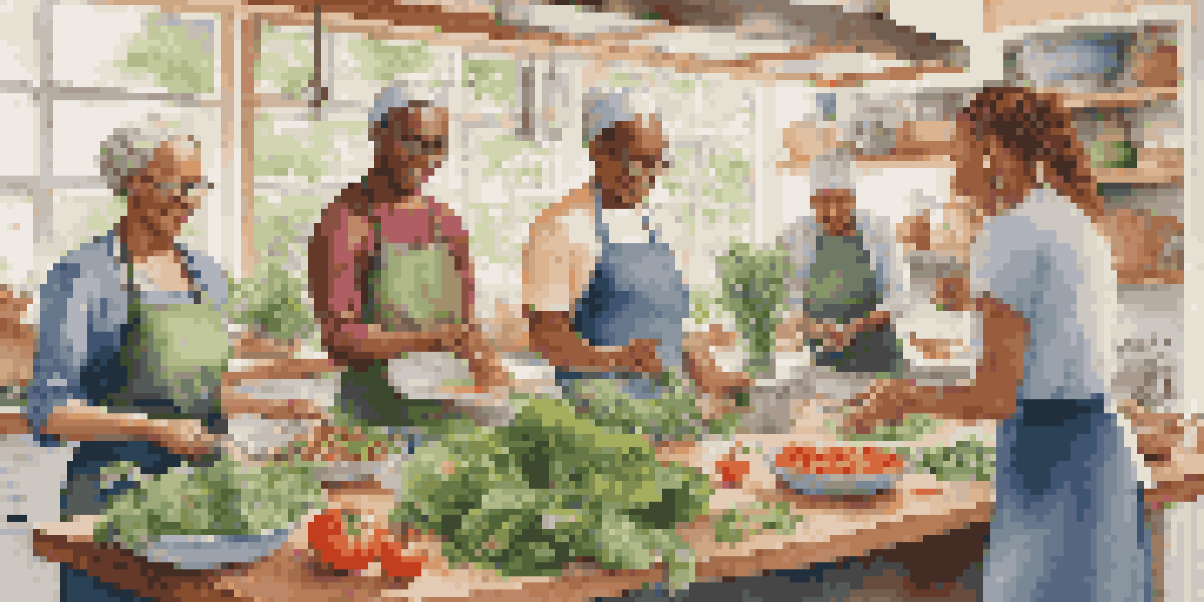 A diverse group of individuals cooking together in a bright kitchen, surrounded by fresh ingredients and cooking tools.