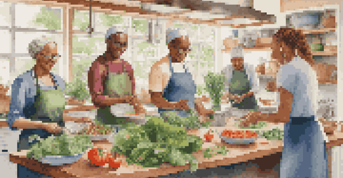 A diverse group of individuals cooking together in a bright kitchen, surrounded by fresh ingredients and cooking tools.