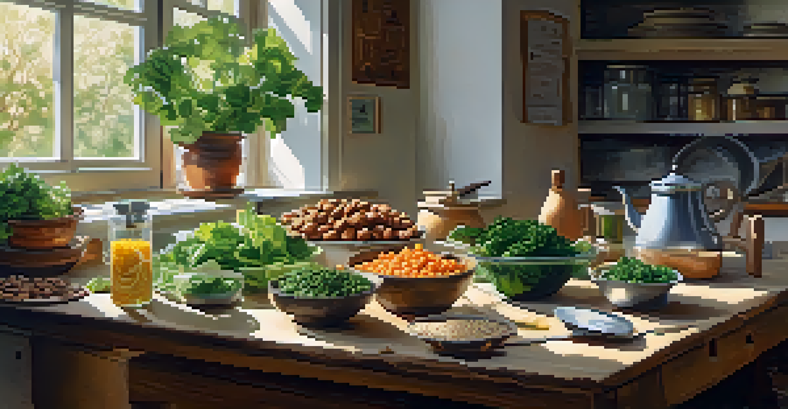 A kitchen table displaying healthy foods like leafy greens and nuts, with sunlight streaming in, promoting a nutritious diet.