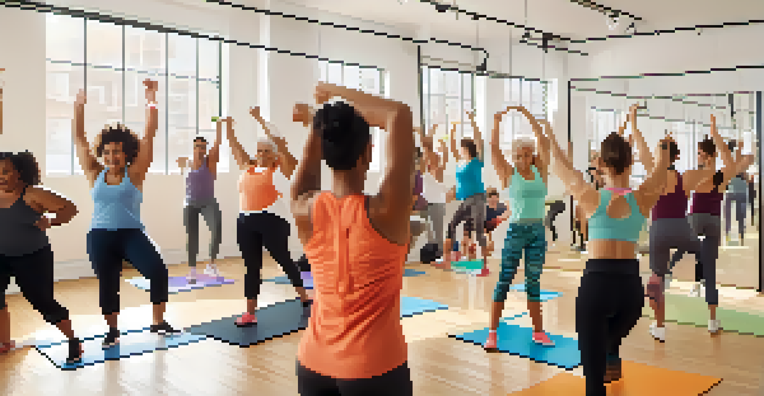 A diverse group of people participating in a fitness class, smiling and exercising together in a bright and motivational studio.