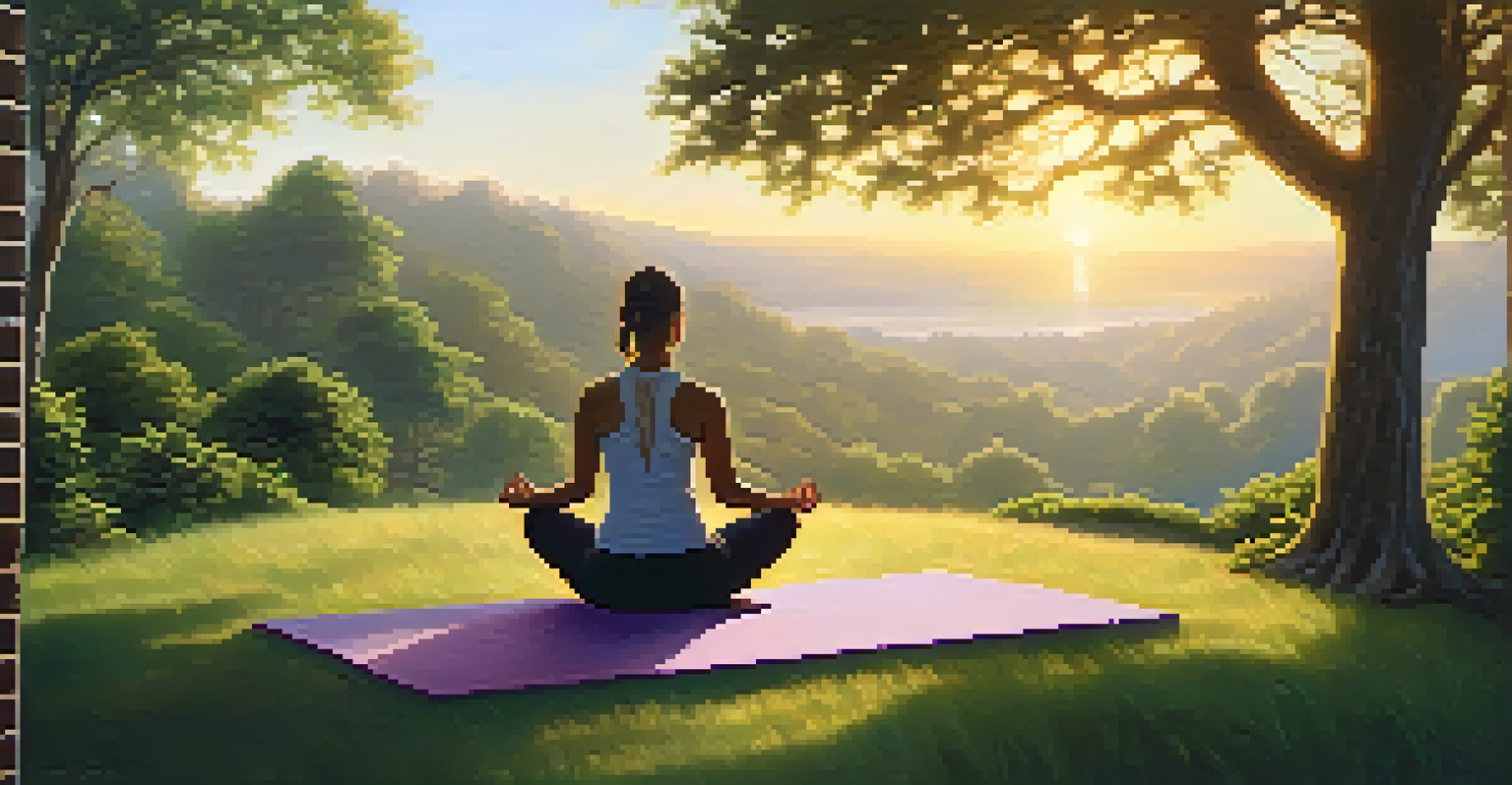 A person meditating outdoors at sunrise, surrounded by greenery, representing mindfulness and personal growth.