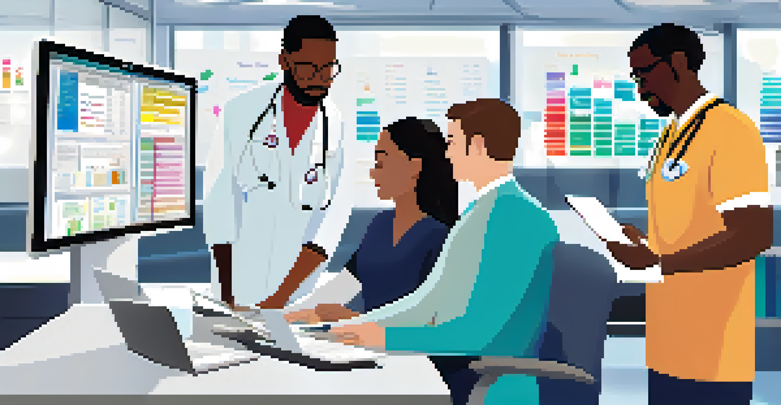 Healthcare providers collaborating over a laptop displaying an interoperable EHR system in a hospital setting.