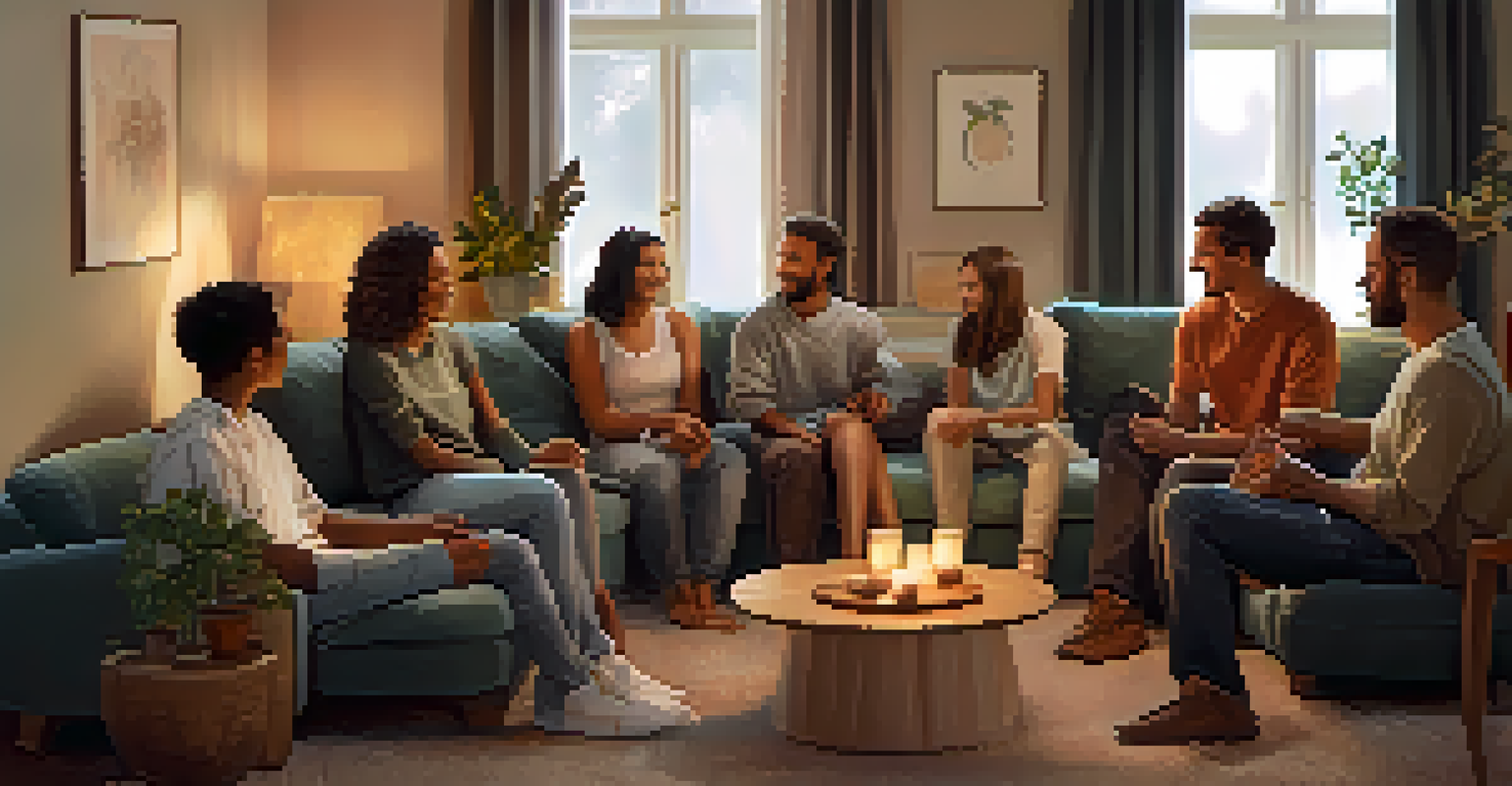 A group of friends sitting in a circle in a cozy living room, sharing feelings and supporting one another.