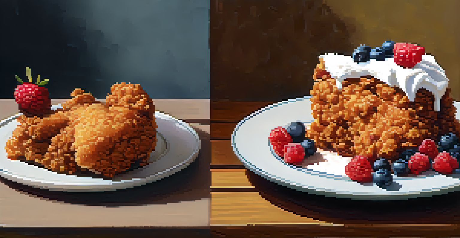 A split-screen image with one side showing a baked cake topped with berries and the other side showing a plate of crispy fried chicken.