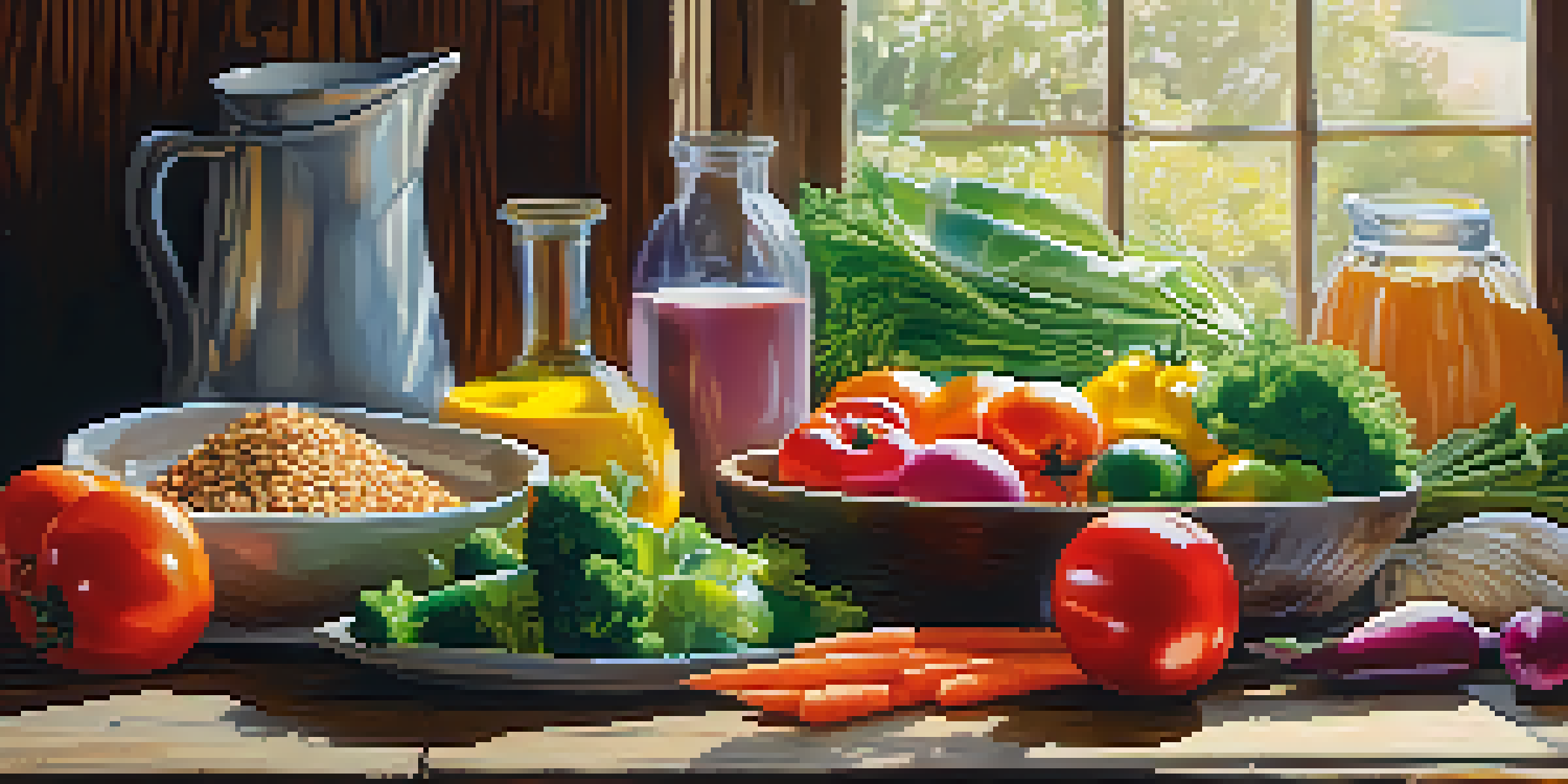 A close-up view of a healthy meal with fresh vegetables, whole grains, and lean proteins on a wooden table, illuminated by sunlight.