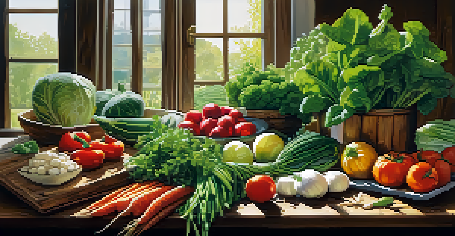 A close-up view of a wooden table filled with organic vegetables and herbs, illuminated by sunlight with a sign that says 'Fresh and Local'.