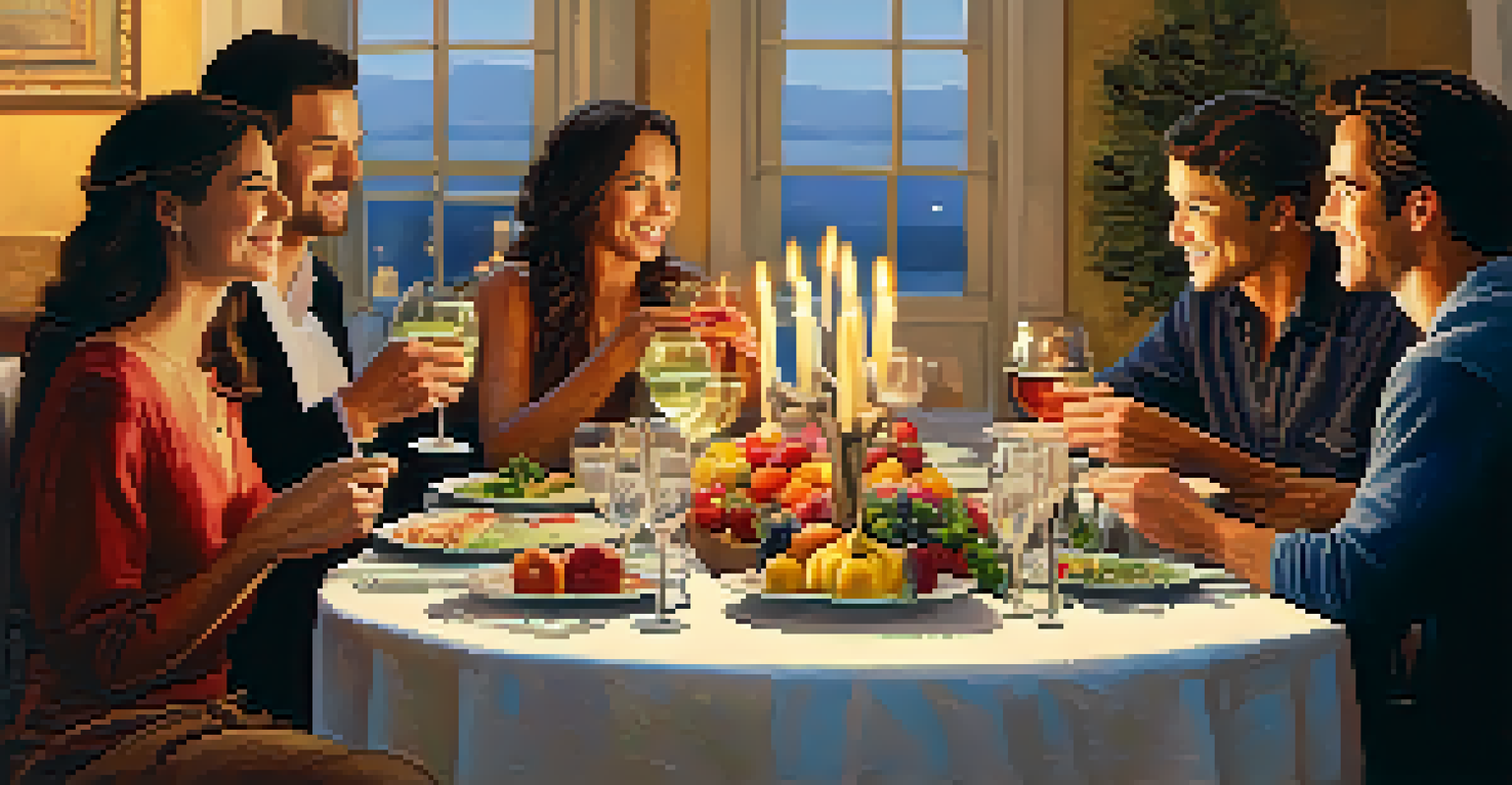 Friends gathered around a dinner table, sharing a meal and expressing gratitude.