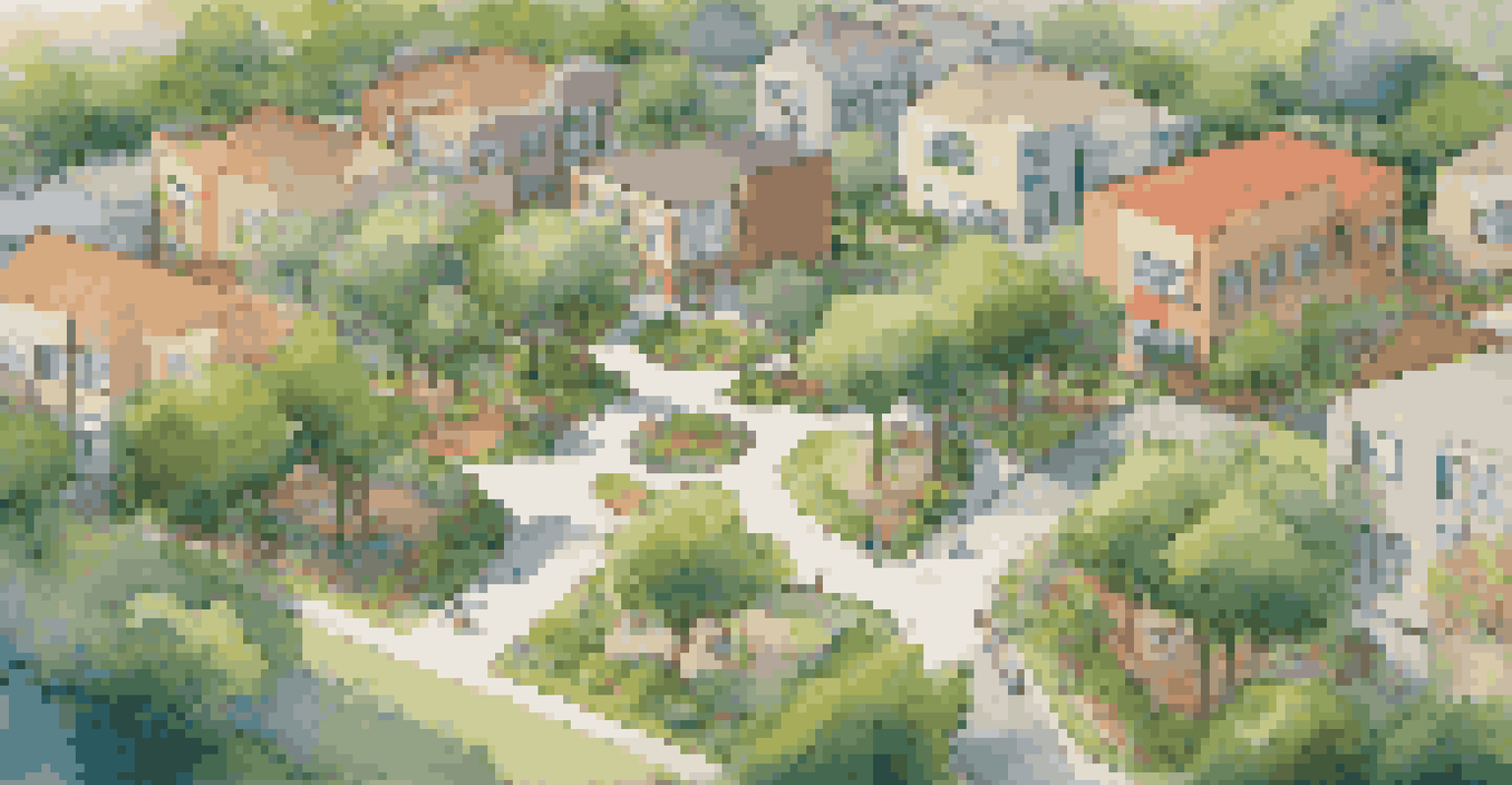 An aerial view of a neighborhood displaying parks, schools, and a healthcare clinic, illustrating a healthy and interconnected community environment.