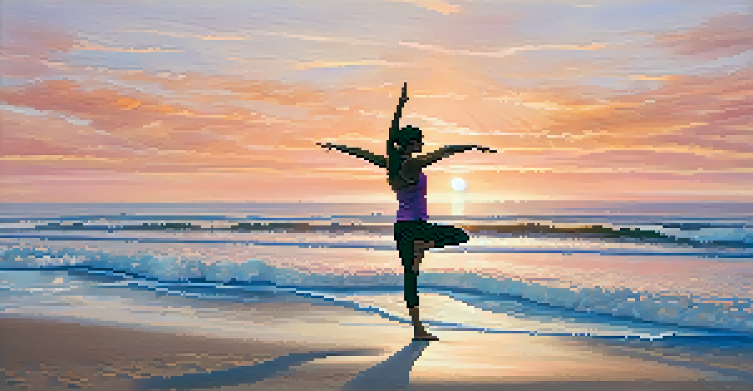 A woman practicing yoga on a beach at sunrise in a Warrior II pose.