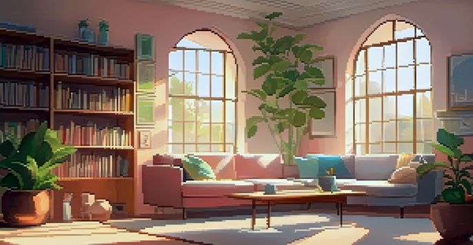 A cozy living room with a sofa and coffee table, illuminated by sunlight, showcasing a tech-free zone without any devices.