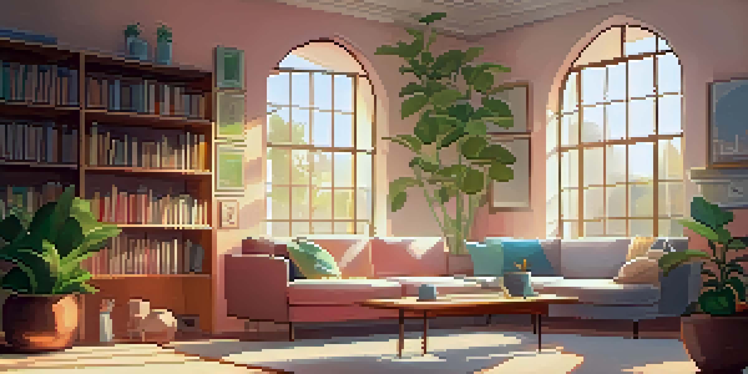A cozy living room with a sofa and coffee table, illuminated by sunlight, showcasing a tech-free zone without any devices.