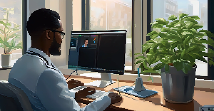 A doctor on a video call with a patient, with a computer displaying health records and a well-lit office environment.