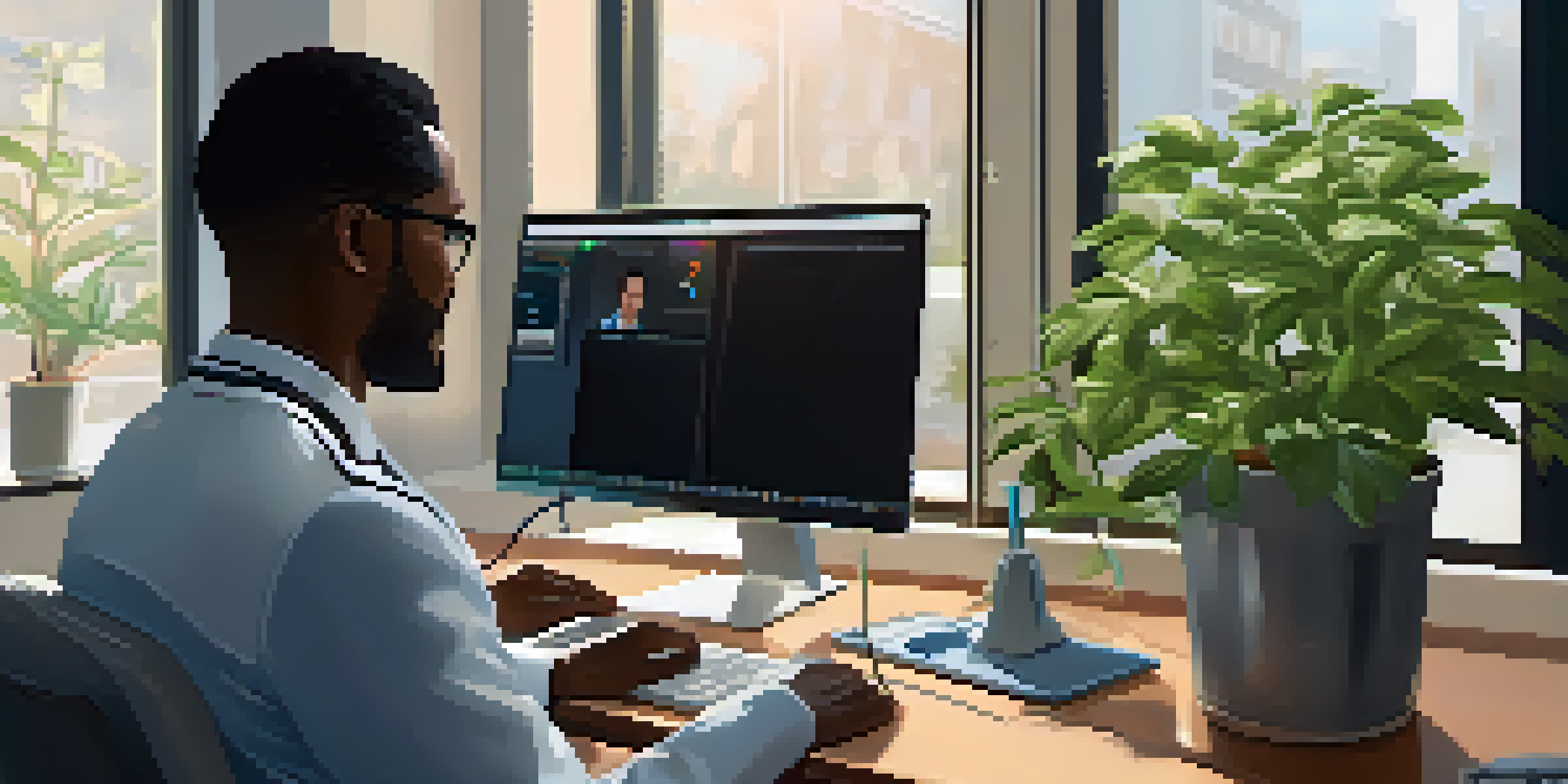 A doctor on a video call with a patient, with a computer displaying health records and a well-lit office environment.
