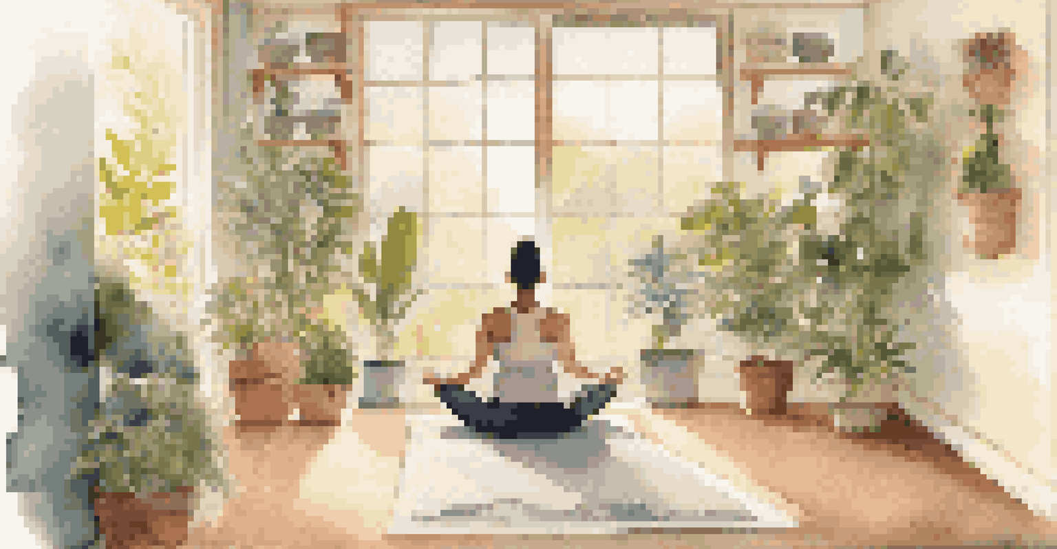 A person meditating on a yoga mat in a peaceful indoor setting with plants and soft natural light.