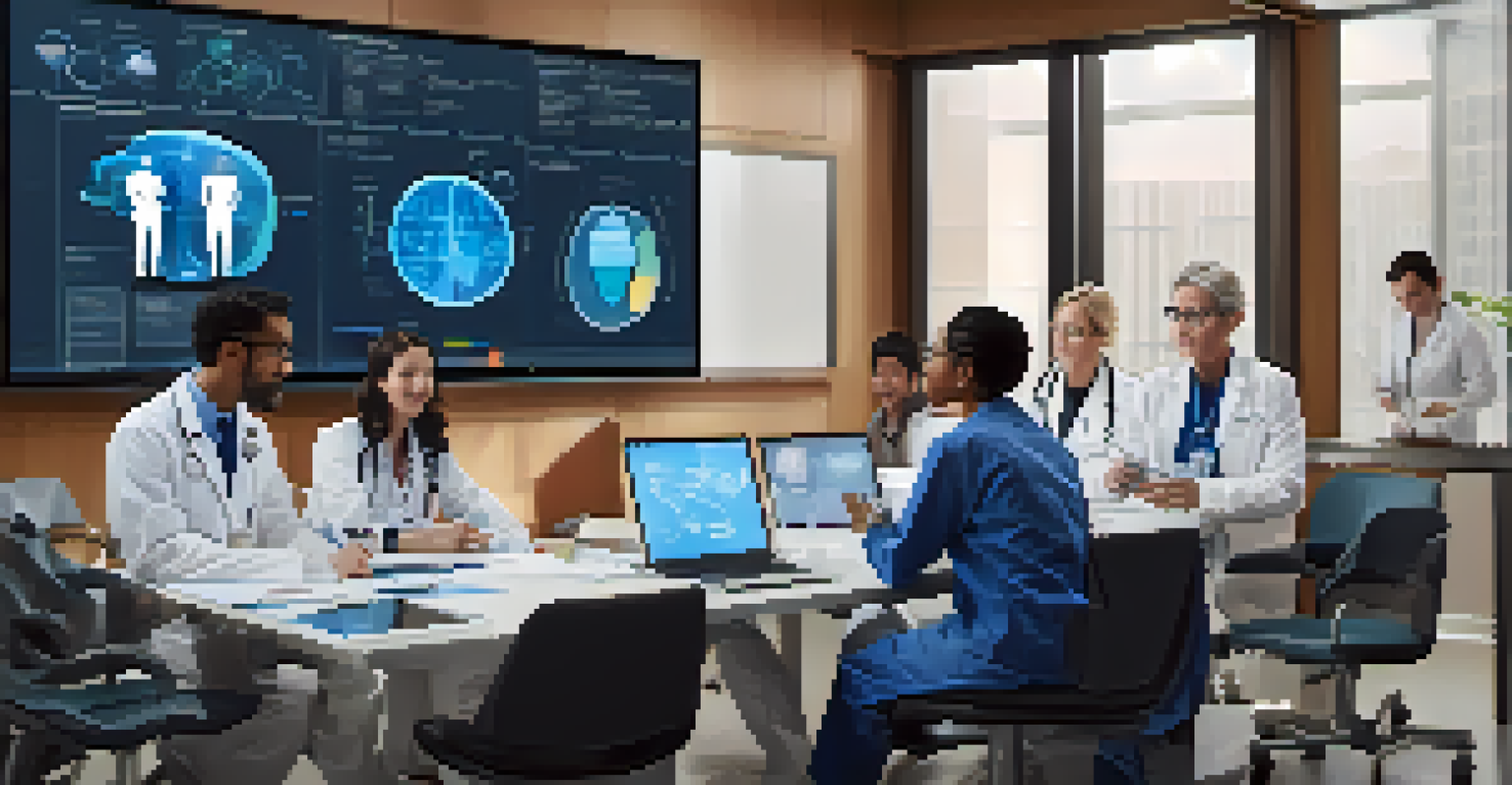 A diverse group of healthcare providers collaborating over patient data in a modern meeting room.