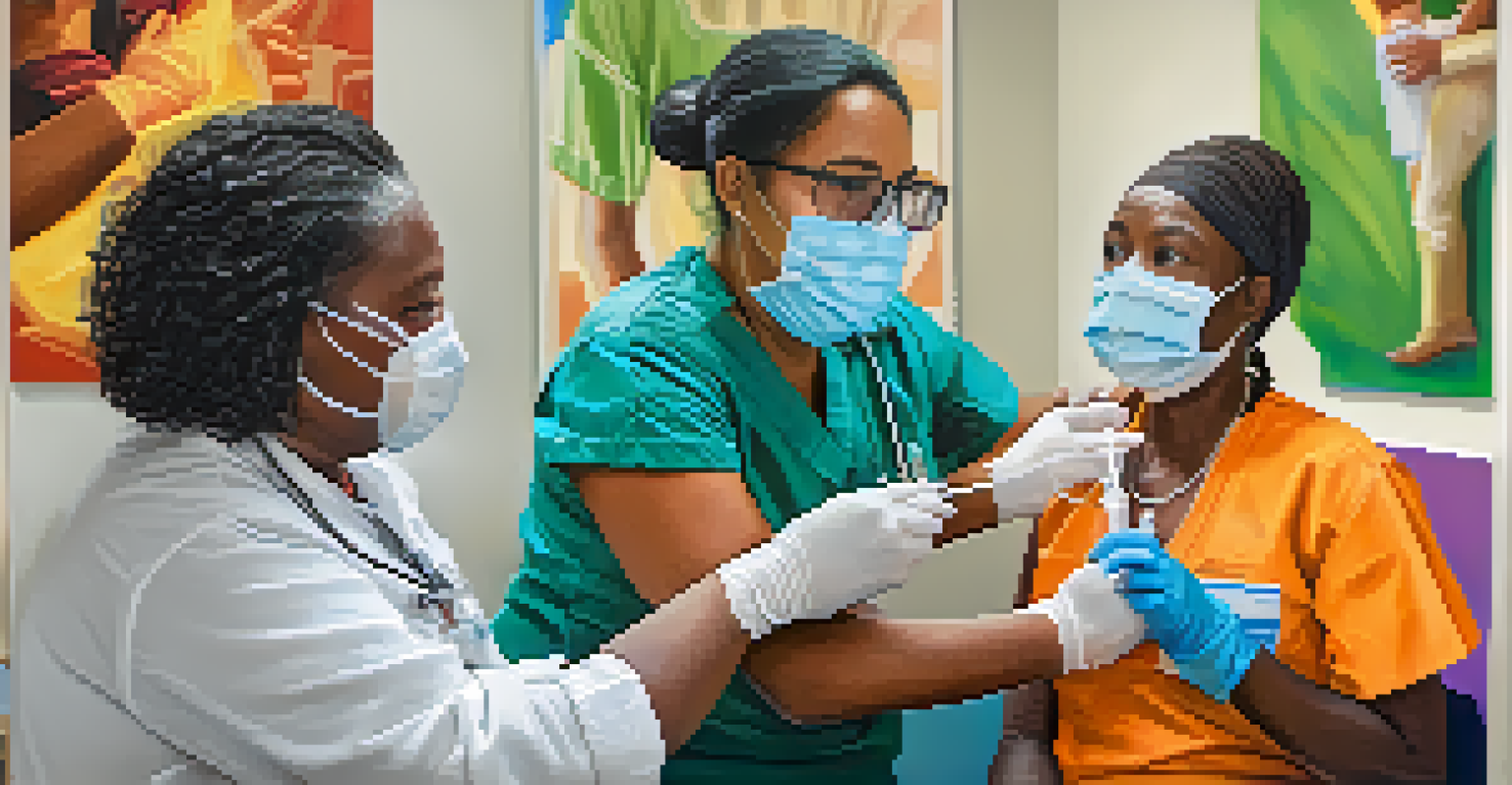 An emergency responder administering a vaccine to a community member in a cheerful clinic environment.