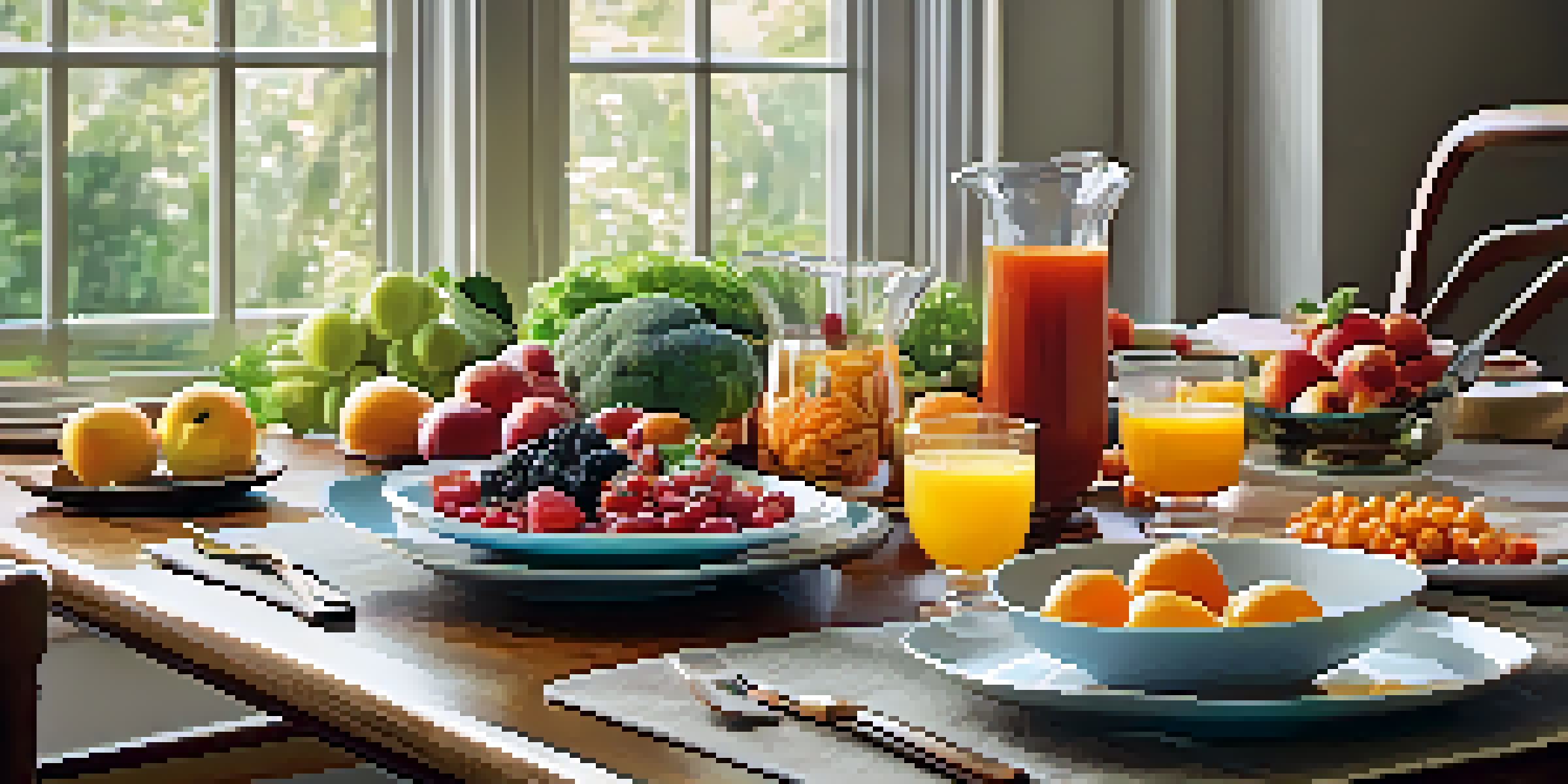A peaceful dining table with colorful healthy foods and soft natural lighting, emphasizing a mindful eating experience.