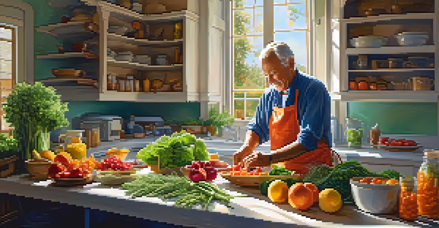 A retired man happily preparing a healthy meal in a bright kitchen, surrounded by fresh fruits and vegetables, embodying the essence of healthy living.
