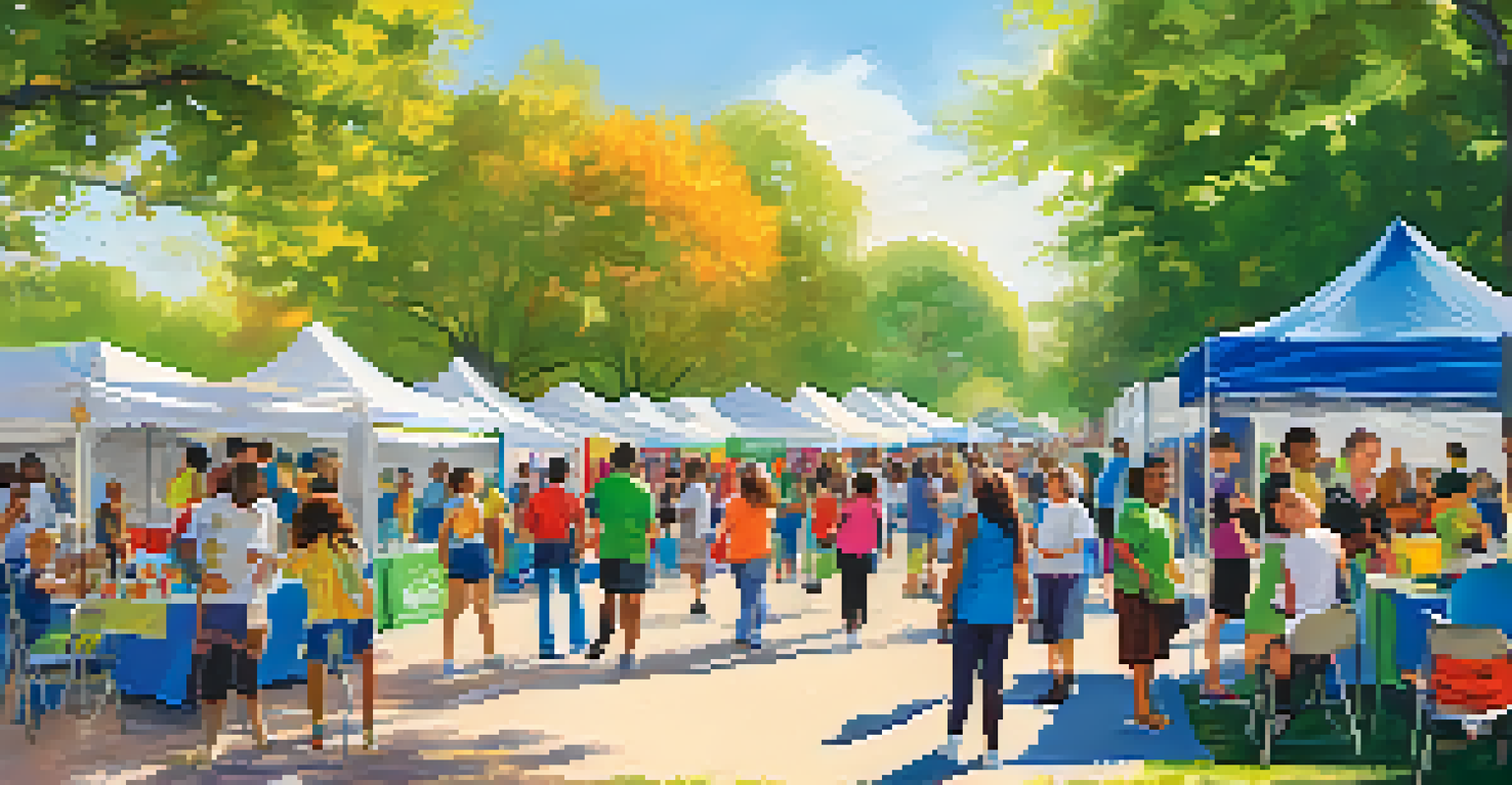 An outdoor wellness fair in a park, featuring booths for health screenings and fitness activities, with people of all ages participating in a lively atmosphere.