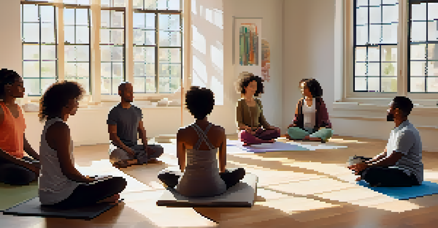 A diverse group of people in a mindfulness workshop, sitting in a circle in a bright studio.