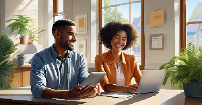 A health coach shows a personalized health plan on a tablet to an engaged client in a bright office filled with plants and motivational posters.