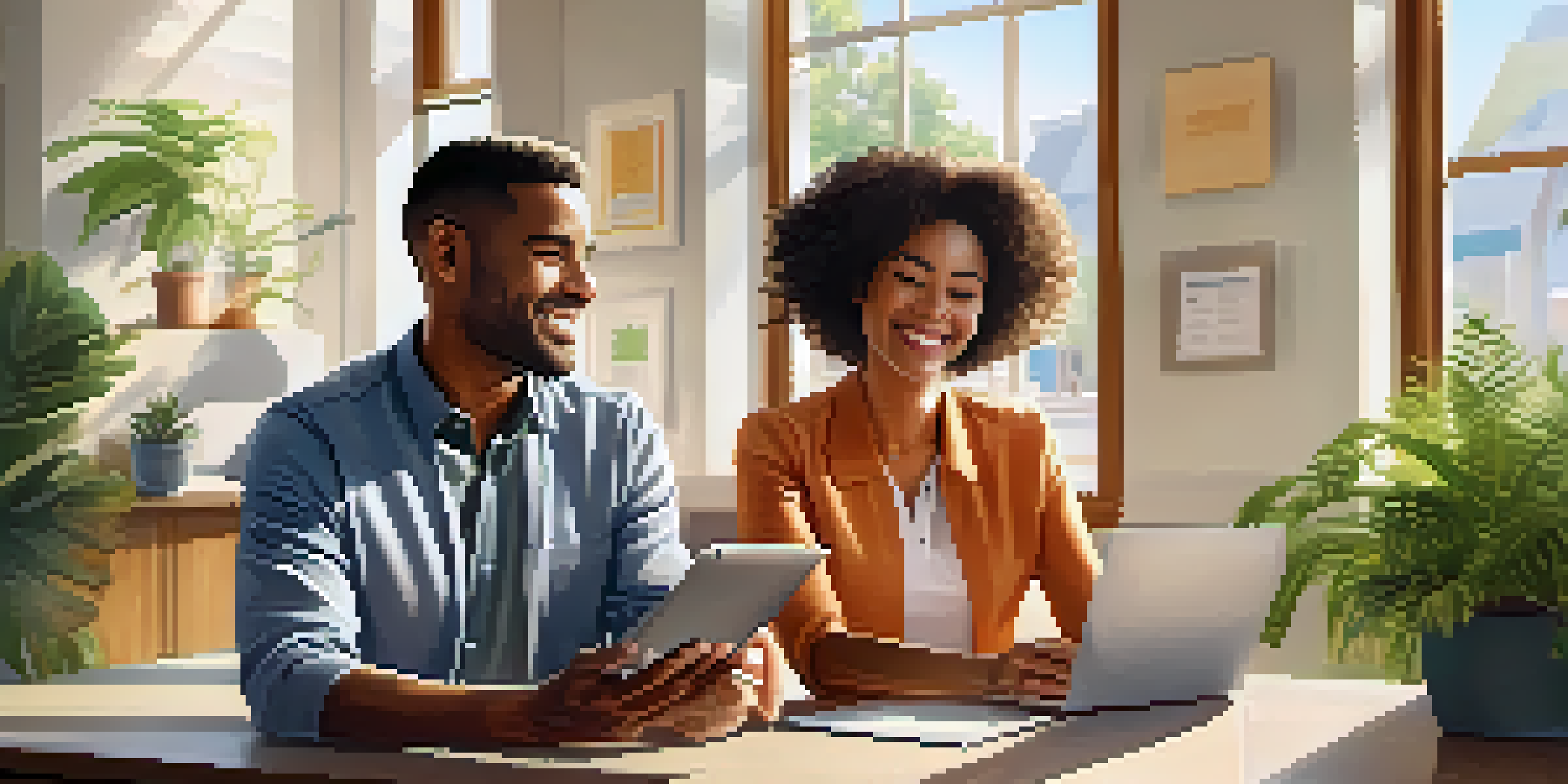 A health coach shows a personalized health plan on a tablet to an engaged client in a bright office filled with plants and motivational posters.