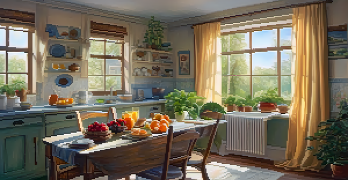 A cozy kitchen bathed in morning sunlight, featuring a healthy breakfast on the table with fruits and tea.