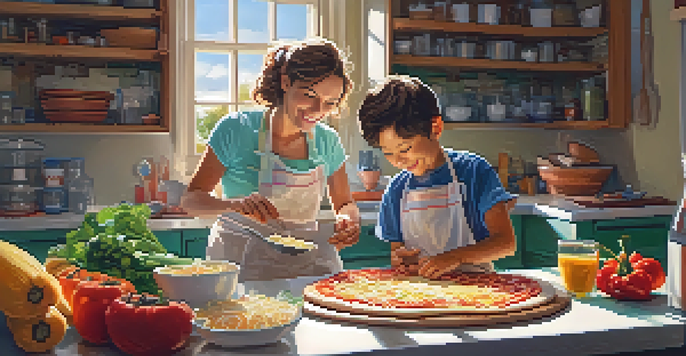 A parent and child happily cooking together in a bright kitchen, with fresh ingredients visible.