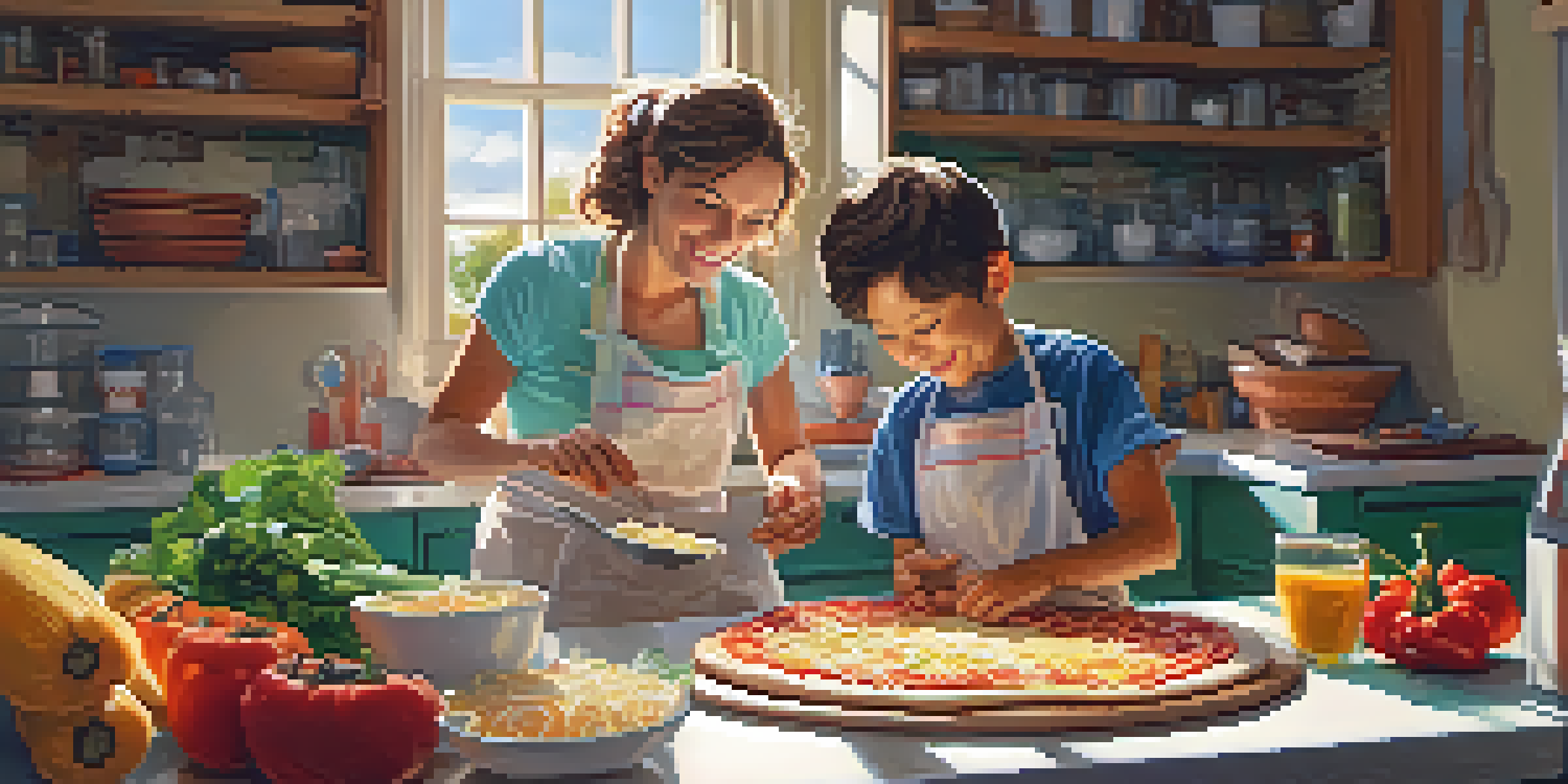 A parent and child happily cooking together in a bright kitchen, with fresh ingredients visible.