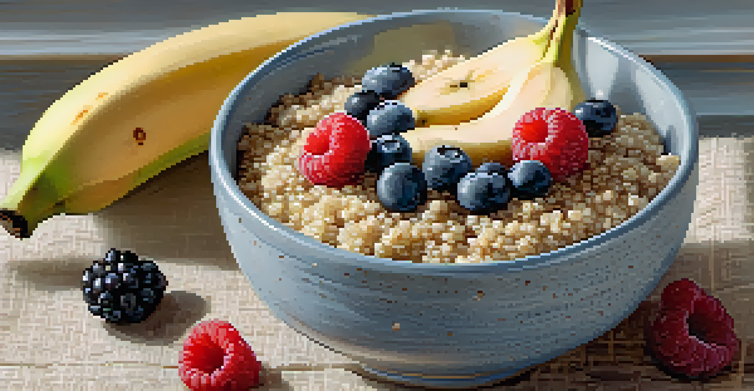 A breakfast bowl with quinoa, berries, and bananas on a linen napkin and a wooden spoon, brightly lit by natural light.