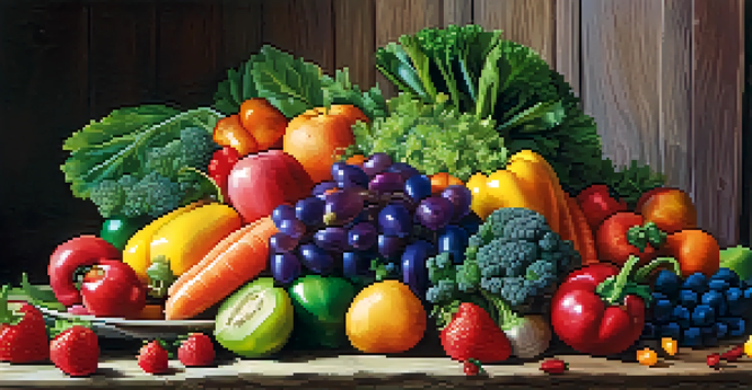A colorful assortment of fruits and vegetables arranged on a plate, featuring a variety of colors like red, orange, yellow, green, and purple, set against a rustic wooden background.