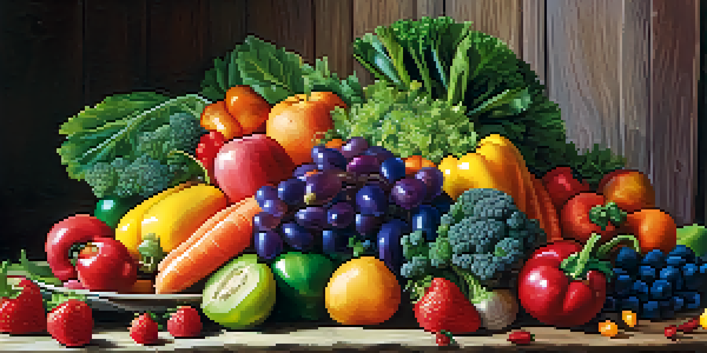 A colorful assortment of fruits and vegetables arranged on a plate, featuring a variety of colors like red, orange, yellow, green, and purple, set against a rustic wooden background.