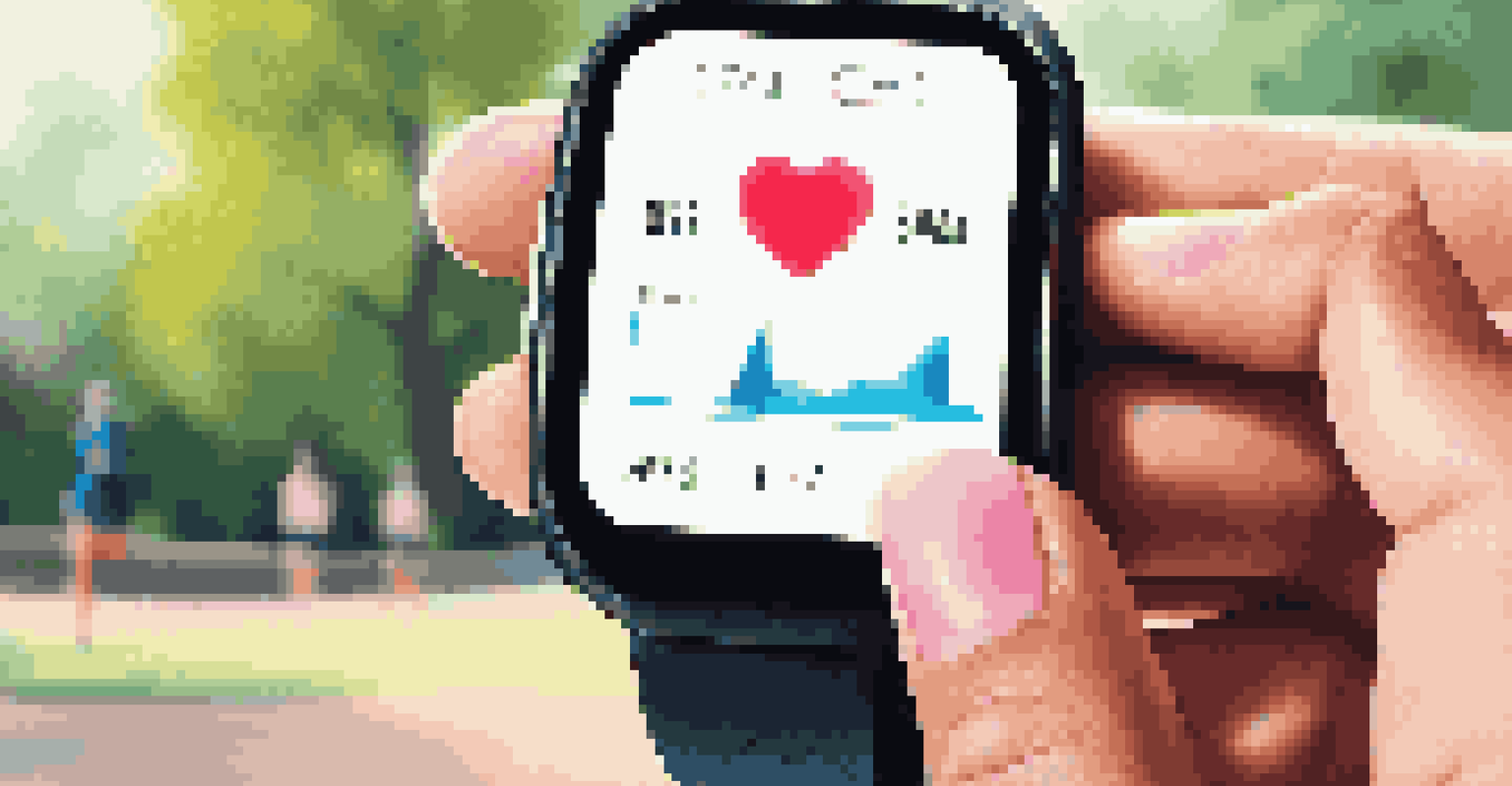 A hand holding a fitness tracker with heart rate data displayed, set against a blurred park background emphasizing an active lifestyle.