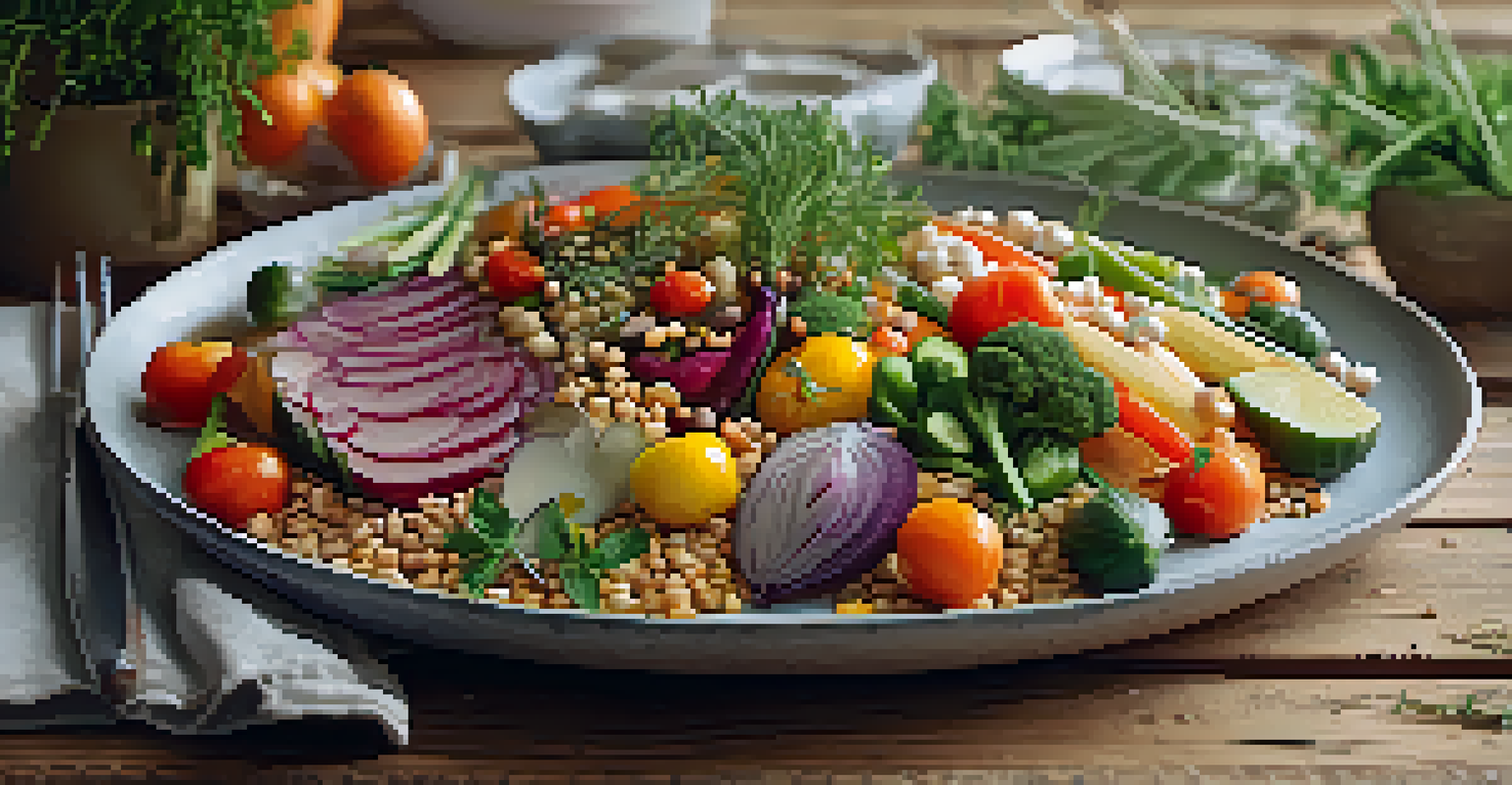 A colorful and fresh meal arranged on a wooden table, featuring seasonal vegetables and grains, illuminated by natural light.