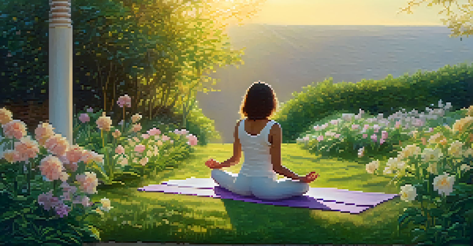 A person practicing yoga in a blooming garden during sunrise, surrounded by nature.