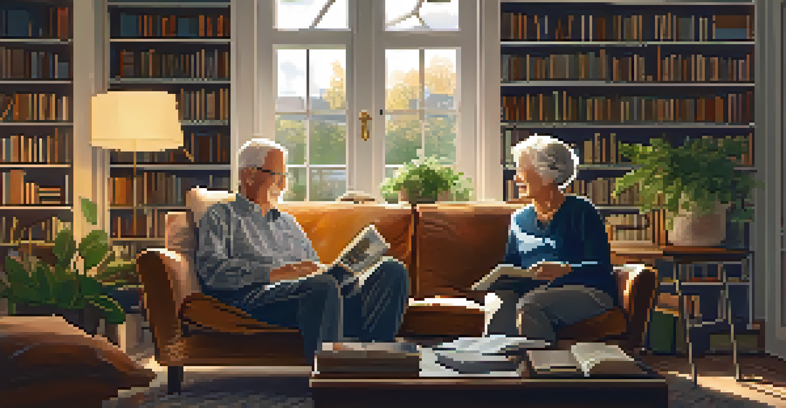 An elderly couple joyfully conversing on a cozy couch, surrounded by books and warm lighting, showcasing emotional connection.