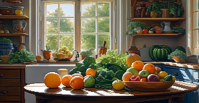 A bright and inviting kitchen with a wooden table filled with colorful fruits and vegetables, illuminated by sunlight.