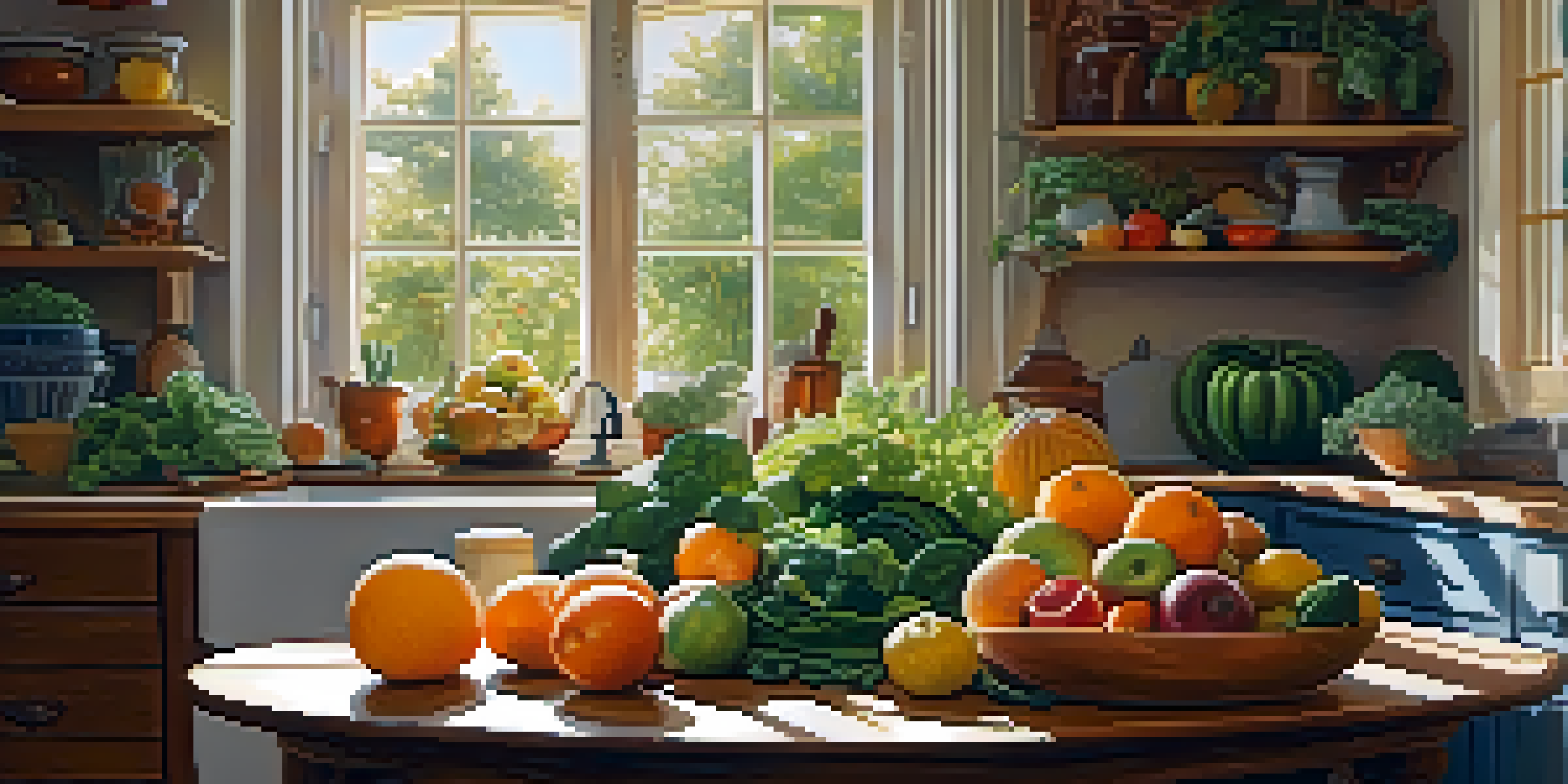 A bright and inviting kitchen with a wooden table filled with colorful fruits and vegetables, illuminated by sunlight.