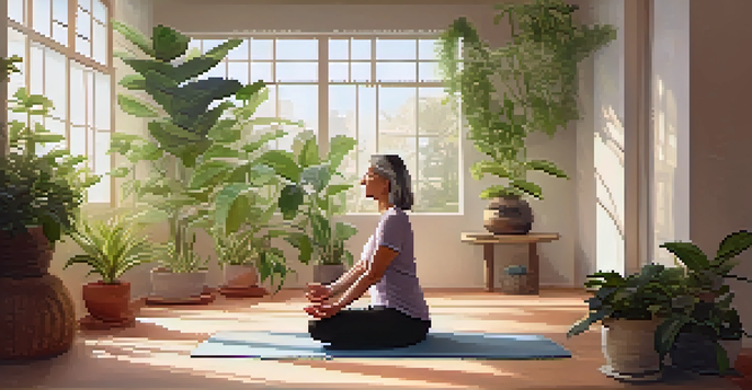 A middle-aged woman practicing yoga in a sunlit room with indoor plants, dressed in comfortable clothing, exuding calm and balance.
