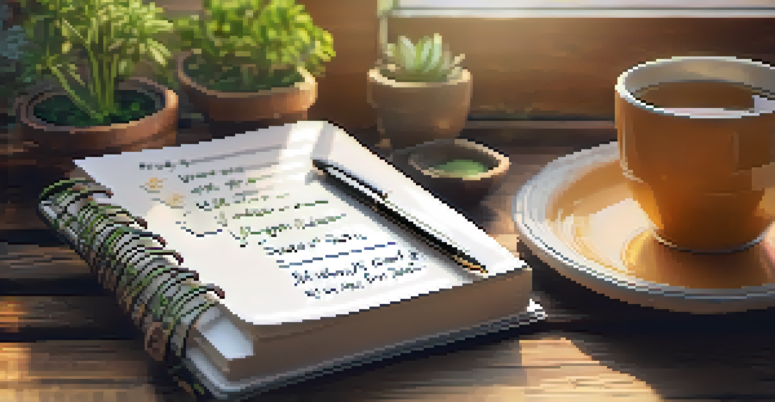 A hand writing SMART goals in a planner, surrounded by a cup of herbal tea and a small plant on a wooden table.